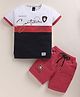 TINI JENNY Cotton Blend Knit Half Sleeves Santorini Text Foil Printed Colour Blocked Tee & Shorts Set - Red
