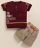 TINI JENNY Cotton Blend Knit Half Sleeves The Power Text Printed Tee & Shorts Set - Wine