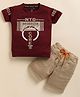 TINI JENNY Cotton Blend Knit Half Sleeves Typography Printed Tee & Shorts Set - Wine