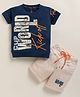 TINI JENNY Cotton Blend Knit Half Sleeves World Cup Text Printed Tee & Shorts Set - Royal Blue