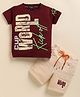 TINI JENNY Cotton Blend Knit Half Sleeves World Cup Text Printed Tee & Shorts Set - Wine