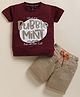 TINI JENNY Cotton Blend Knit Half Sleeves Bubble Mint Text Printed Tee & Shorts Set - Wine