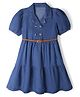 Pine Kids 100% Cotton Woven Half Puffed Sleeves Collared Denim Tiered Frock with Belt - Navy Blue