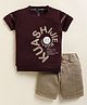TINI JENNY Cotton Blend Knit Half Sleeves Typography Printed Tee & Shorts Set - Wine