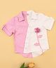 Cutecumber Cotton Woven Half Sleeves Striped & Floral Applique Detailed Shirt Style Top - Pink