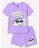 FASHIONOY 100% Cotton Knit Half Sleeves Cat & Chaos Crew Text Printed Tee & Shorts Set - Lavender