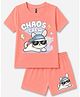 FASHIONOY 100% Cotton Knit Half Sleeves Cat & Chaos Crew Text Printed Tee & Shorts Set - Peach