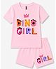 FASHIONOY 100% Cotton Knit Half Sleeves Dino Girl Text Printed Tee & Shorts Set - Pink
