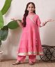 INDI-LOOM COUTURE Cotton Woven Full Sleeves Gota Lace Embellished & Floral Design Thread Work Detailed Anarkali Kurti Pant Set With Dupatta - Pink