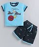URBAN KOOL Knitted Half Sleeves Typography Printed Tee & Shorts Set - Teal Blue