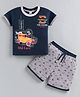 URBAN KOOL Knitted Half Sleeves Vehicles Printed Tee & Shorts Set - Navy Blue