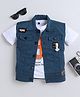Ministitch Cotton Blend Woven Half Sleeve Patchwork Jacket With Numeric Print Tshirt - Tealblue