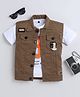 Ministitch Cotton Blend Woven Half Sleeve Patchwork Jacket With Numeric Print Tshirt - Brown