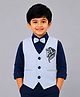 Ministitch Cotton Woven Studs Embellished Horse Applique Detailed Waistcoat & Full Sleeves Solid Shirt With Bow - Blue