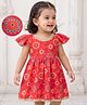 EARTHY TOUCH 100% Cotton Knit Ethnic Dress with Frill Sleeves and Geometric Print in Red