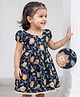 EARTHY TOUCH 100% Cotton Knit Ethnic Dress with Half Sleeves and Floral Print in Navy Blue