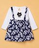 Dew Drops Cotton Knit Frock With Full Sleeves, Bear Patch and Floral Print in Navy Blue