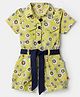 Dew Drops Cotton Woven Half Sleeves Collared Short Jumpsuit with Belt and Daisy Print - Yellow