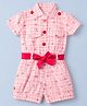 Dew Drops Cotton Woven Half Sleeves Collared Short Jumpsuit with Belt and Checks with Cherry Print - Pink