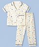 Dew Drops Cotton Woven Front Open Half Sleeves Collared Co-ord Top & Pajama Night Suit with Heart Print - Lemon