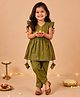 The Mom Store Cotton Woven Half Sleeves Floral Embroidered Gota Lace Embellished Tassels Detailed Kurti & Pants Set - Green