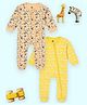 The Mom Store Cotton Knit Pack Of 2 Full Sleeves Animals & Clouds Printed Footed Rompers - Multi Colour
