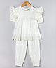 Hugsntugs Cotton Woven Half Sleeves Lace Embellished Floral Design Schiffli Embroidered Coordinating Top & Pants Set -White