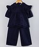 Hugsntugs Cotton Woven Half Sleeves Lace Embellished Floral Design Schiffli Embroidered Coordinating Top & Pants Set -Navy Blue