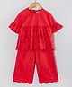 Hugsntugs Cotton Woven Half Peasant Sleeves Abstract Design Schiffli Embroidered Coordinating Top & Pants Set - Red