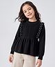 Arias Knit Solid Pullover with Full Sleeves, Frill and Beads Design in Black