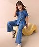 Arias Cotton Blend Elastane Half Sleeves Mid Wash Denim Top and Pant Set With Cut & Sew & Raw Edge Detail - Blue