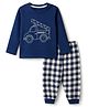 Babyhug Cotton Knit Full Sleeves T-Shirt & Checks Pyjama Night Suit with Vehicle Print - Navy Blue