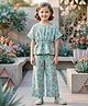 TRUFFLES Cotton Blend Woven Half Sleeves Abstract Printed Coordinating Top & Palazzo Set - Teal