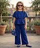 TRUFFLES Woven Half Sleeves Pearl Embellished Top & Palazzo Set - Navy Blue