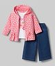 Babyhug 100% Cotton Knit Top, Hooded Jacket and Jeans with Full Sleeves and Flower Print - White