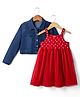 Babyhug Single Jersey Knit Frock and Jacket Set with Full Sleeves and Hearts Print in Red