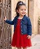 Babyhug Single Jersey Knit Frock and Jacket Set with Full Sleeves and Hearts Print in Red