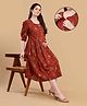 The Mom Store Cotton Woven Three Fourth Sleeves Floral Printed Maternity Dress With Front Open Nursing Access - Red