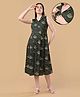 The Mom Store Cotton Woven Three Fourth Sleeves Floral Motifs Printed Maternity Dress With Front Open Nursing Access - Dark Green