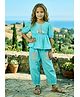 Lei-Chie Cotton Blend Woven Half Puffed Sleeves Geometric Tassels Embellished Top & Pants Set - Blue