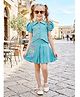 Lei-Chie Cotton Blend Woven Half Puffed Sleeves Geometric Embroidered Shirt & Skirts Set - Blue