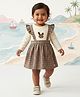 ToffyHouse 100% Cotton Interlock Knit Knee Length Frock with Inner Tee and Full Sleeves, Tartan Plaid and Rabbit Embroidery in Brown