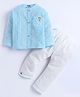 Polka Tots Cotton Woven Full Sleeves Bunny Applique Detailed Jabla & Pants Set - Light Blue & Off White