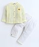 Polka Tots Cotton Woven Full Sleeves Teddy Bear Patch Detailed Jabla & Pants Set - Light Yellow & Off White