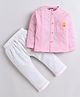 Polka Tots Cotton Woven Full Sleeves Bird Patch Detailed Jabla & Pants Set - Light Pink & Off White