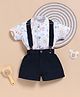 Wonderchild Interlock Woven Half Sleeve Birds & Kitten Printed Shirt & Shorts Set with Suspender - White & Navy