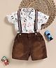 Wonderchild Interlock Woven Half Sleeve Kitten Printed Shirt & Shorts Set with Suspender - White & Rust