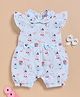 Wonderchild Interlock Woven Half Sleeves Farm Animals Printed Rompers With Bow Applique - Light Blue