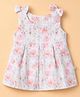 Wonderchild Interlock Woven Sleeveless Frock With Floral Print  & Bow Applique - White & Pink