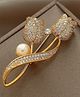 Yu Fashions Premium Quality Crystal Tulip Sparkling Gold Toned Flower Pin With Pearl Accent Pin For Blazer & Saree - Golden